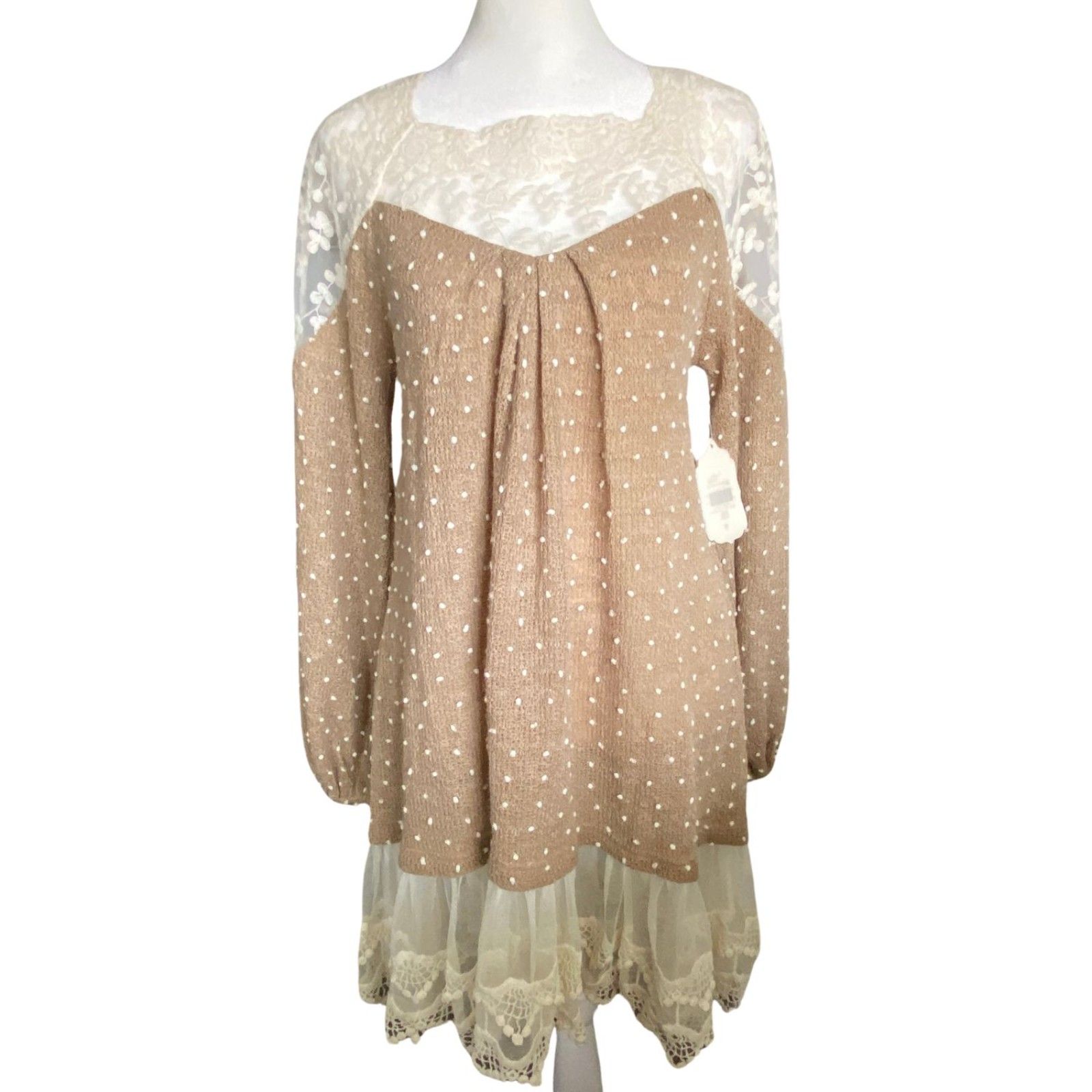 Altar'd State Light Brown And Ivory Lace Tunic Sz S Cottagecore Peasant Granola